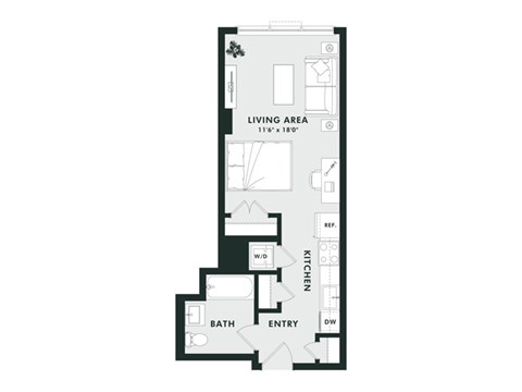 A floor plan of a small apartment with a living area, kitchen, bathroom and entry.